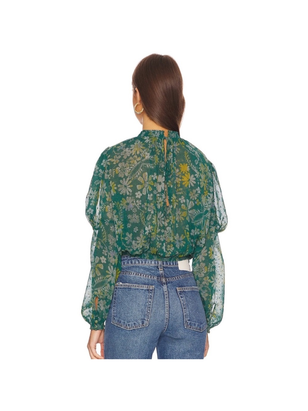 Free People Green Floral Sheer Sleeve Clarissa Print Top - Picture 3 of 8